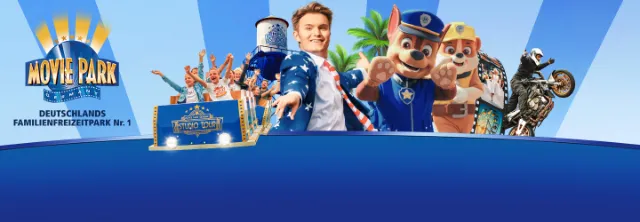 Ein lebendiges Bild mit dem Logo von Movie Park Germany, bunten Figuren und Attraktionen, das Spaß und Spannung für Familien verspricht.