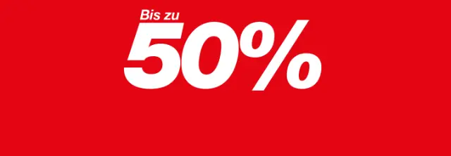 Roter Hintergrund mit fettem weißen Text „Bis zu 50 %“, der Rabatte von bis zu 50 % ankündigt