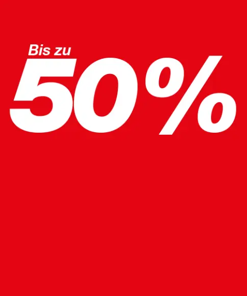 Roter Hintergrund mit fettem weißen Text „Bis zu 50 %“, der Rabatte von bis zu 50 % ankündigt