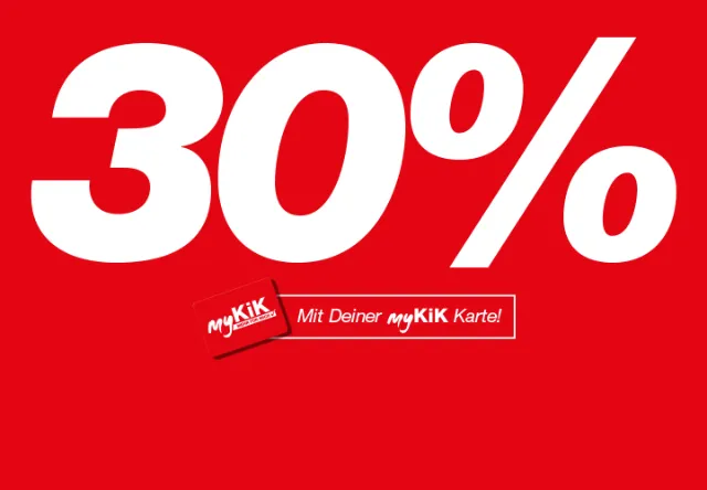 30% Rabatt auf Bekleidung & Accessoires Roter Hintergrund mit fettgedrucktem weißem Text, der „30 %“ und eine Werbebotschaft für myKiK-Karteninhaber anzeigt.