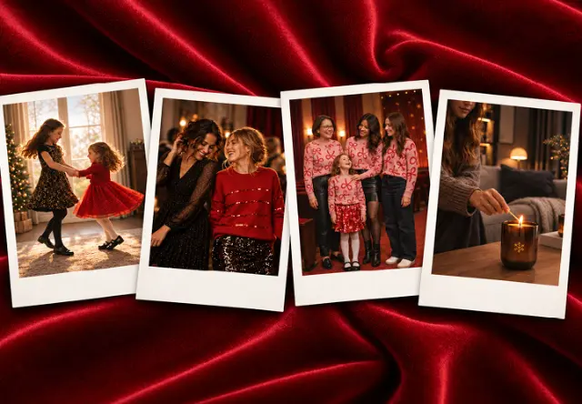 Festliche Weihnachtsmomente mit Frauen und Kindern in eleganten Outfits sowie gemütlicher Weihnachtsdeko