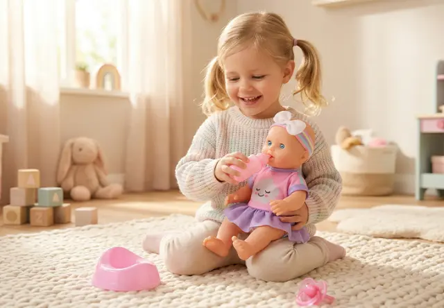 Ein kleines Mädchen mit Zöpfen sitzt auf einem Teppich und füttert eine Puppe mit einer Spielzeugflasche in einem hellen, gemütlichen Zimmer.