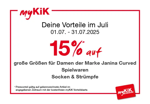 myKiK Aktion: 15 % Rabatt auf Damenmode in großen Größen von Janina Curved, Spielwaren, Socken und Strumpfwaren vom 1. bis 31. Juli 2025