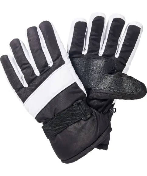 Schwarze und weiße isolierte Winterhandschuhe mit verstellbaren Handgelenkriemen und strukturierten Handflächen für besseren Grip.