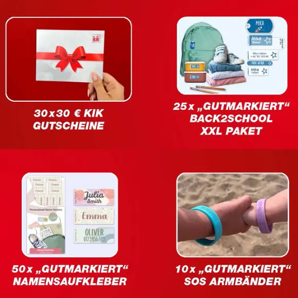 Zu gewinnen gibt es einen von 30 30-Euro-Kik-Gutscheinen, einen von 25 "Back to School XXL"-Paketen von Gutmarkiert, einen Namensaufkleber von Gutmarkiert oder einen von 10 SOS-Armbändern von Gutmarkiert.