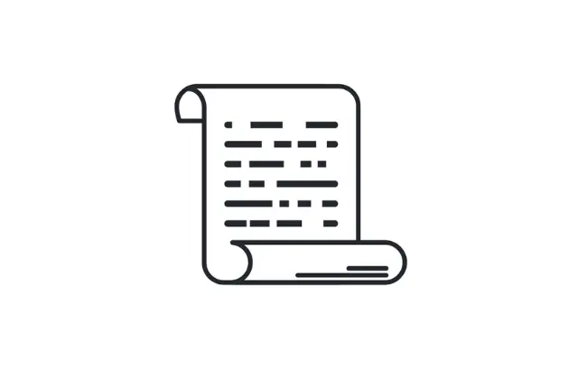 Einfache Strichzeichnung einer Schriftrolle mit Text, als Symbol für historische Dokumente oder schriftliche Aufzeichnungen.