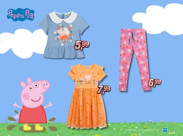 Peppa Wutz Kleidung – Set mit blauem T-Shirt und Kleid sowie rosa Leggings mit Herzchen
