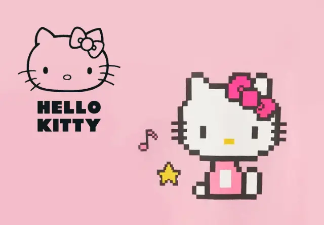 Links ist das Logo von Hello Kitty zu sehen, rechts ist eine Hello Kitty im Pixel Stil dargestellt