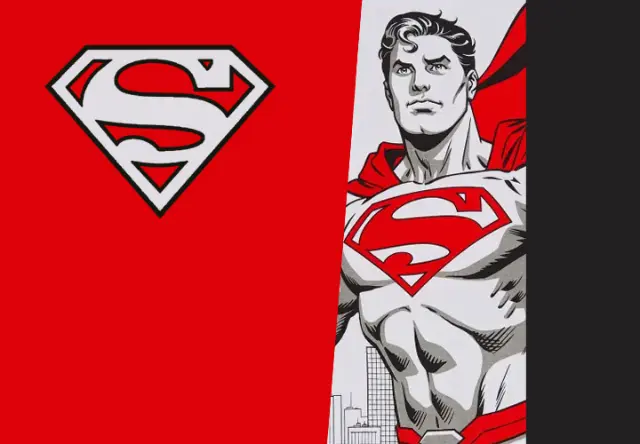 Superman Kinderkleidung Superman Logo auf rotem Hintergrund, daneben eine Skizze von Superman