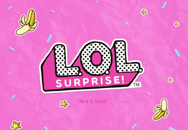 Farbenfrohes Logo für „LOL Surprise!“ auf einem leuchtend rosa Hintergrund, verziert mit verspielten Bananen- und Sternengrafiken.