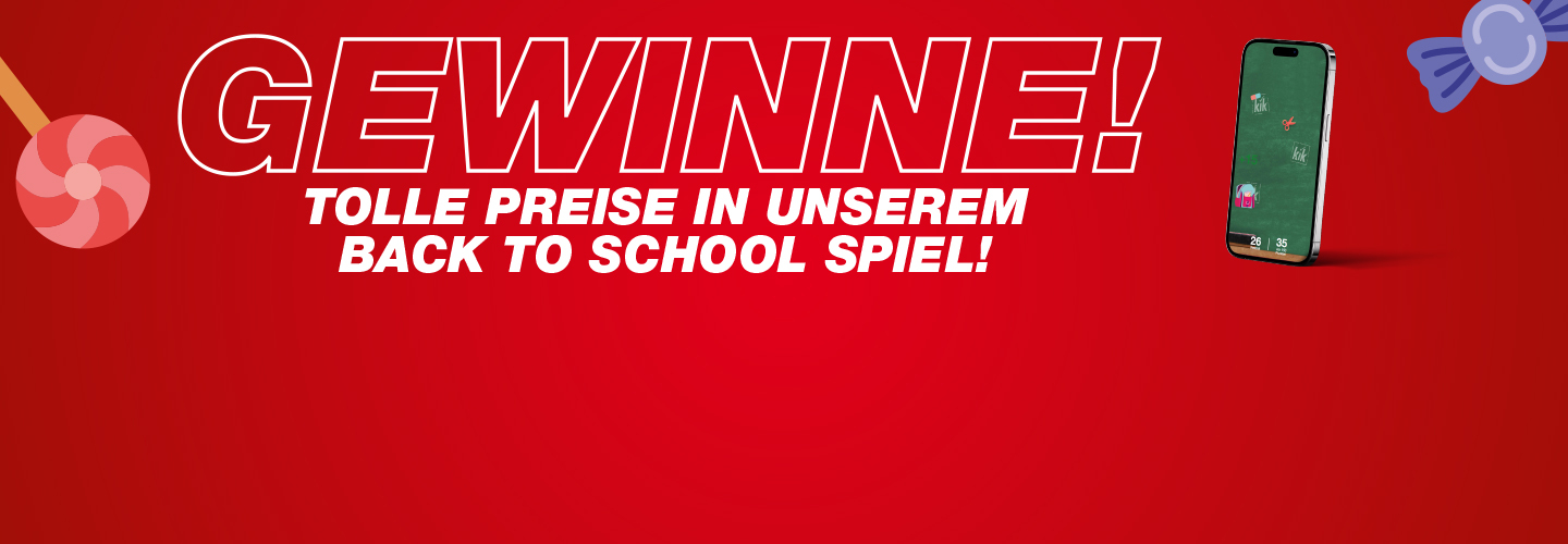Ein Smartphone mit einer Spieloberfläche, umgeben von Bonbon-Illustrationen, wirbt für einen „Back to School”-Gewinnspiel. Der Text lädt zur Teilnahme ein.