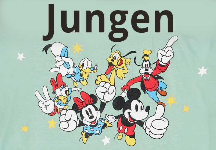 Mickey Mouse, Minnie Mouse, Goofy, Pluto , Daisy und Donald Duck stehen zusammen und zeigen verschiedene Haandzeichen, wie Daumen hoch oder peace.