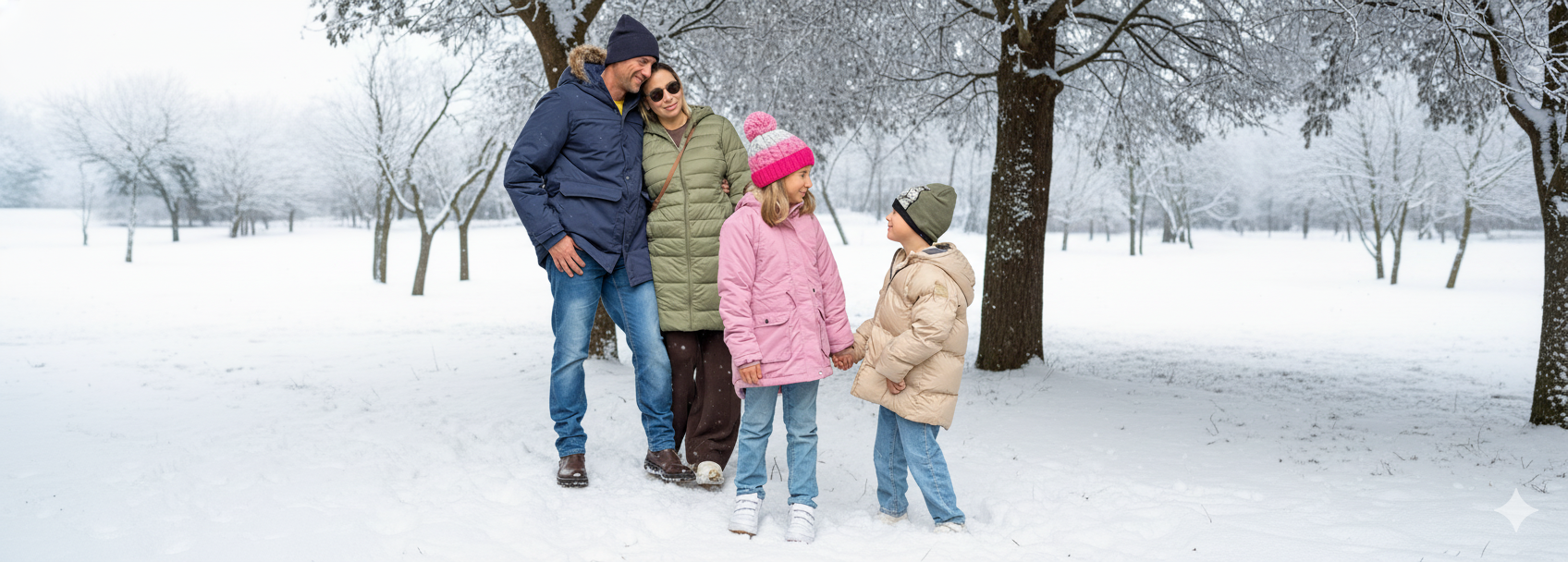 Eine Familie genießt einen verschneiten Park, gekleidet in Winterkleidung, und steht zusammen zwischen Bäumen und einer weißen Schneedecke.