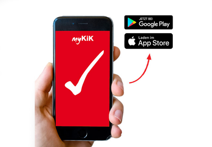 Smartphone mit rotem Sperrbildschirm und weißem ‚myKiK‘-Schriftzug, daneben ein Pfeil zu Google Play- und App Store-Badges. Smartphone mit rotem Sperrbildschirm und weißem ‚myKiK‘-Schriftzug, daneben ein Pfeil zu Google Play- und App Store-Badges.