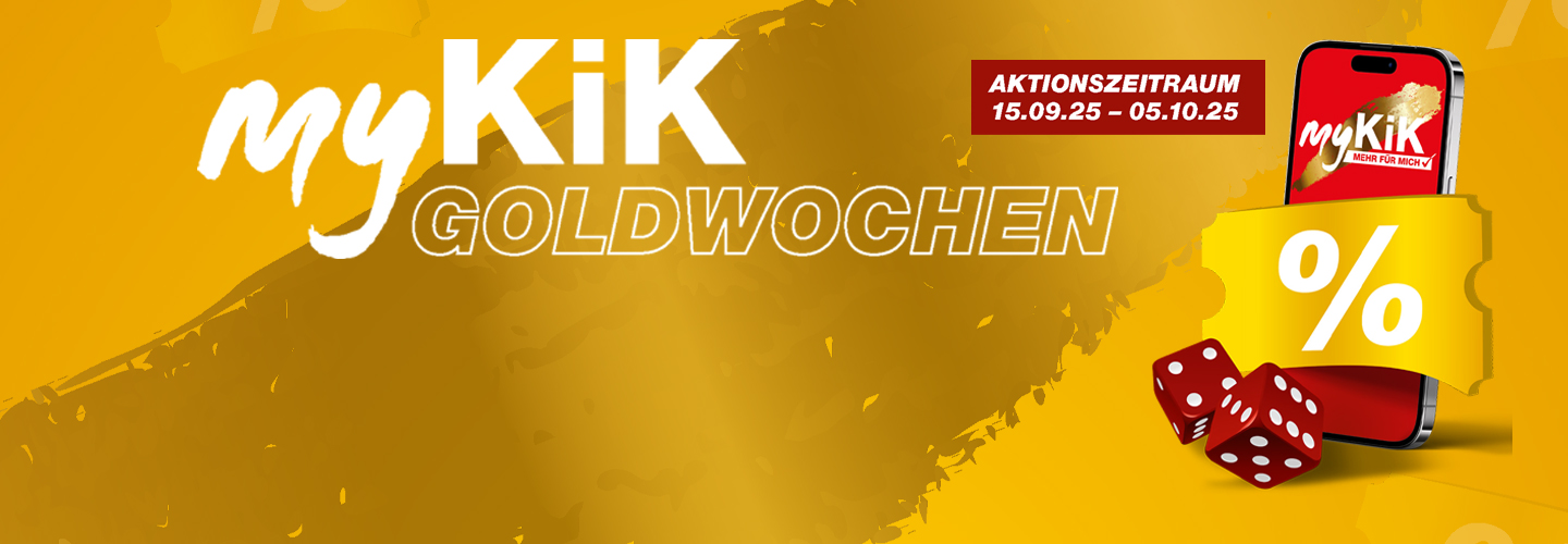 Werbegrafik zu den „Goldwochen“ von myKiK mit einem Smartphone, roten Würfeln und dem Aktionszeitraum 15.09.–05.10.2025, die auf attraktive Rabatte hinweist.