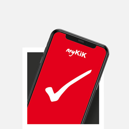 Ein Smartphone, das einen roten Sperrbildschirm und einen roten Schriftzug "myKiK" aufweist. Ein Smartphone, das einen roten Sperrbildschirm und einen roten Schriftzug "myKiK" aufweist.