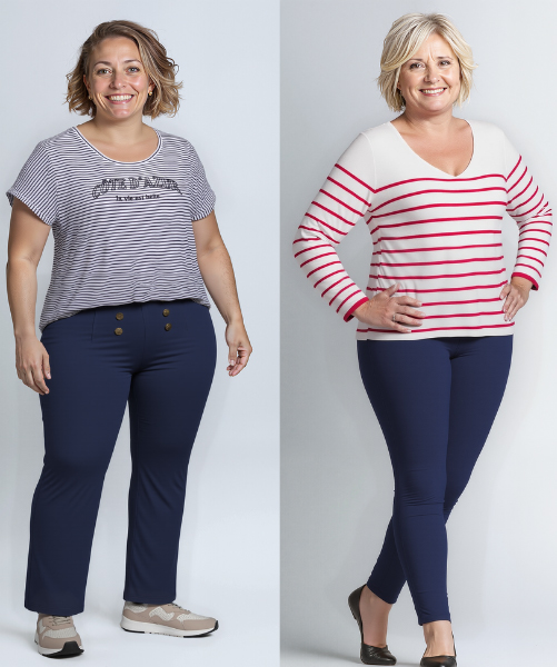 Frauen in stilvollen Outfits: ein gestreiftes T-Shirt, ein rot gestreifter Pullover und eine blau gestreifte Bluse, alle kombiniert mit marineblauen Hosen.
