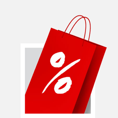 Eine Nahaufnahme einer roten Einkaufstasche mit einem auffälligen weißen Prozentsymbol auf der Vorderseite. Eine Nahaufnahme einer roten Einkaufstasche mit einem auffälligen weißen Prozentsymbol auf der Vorderseite.