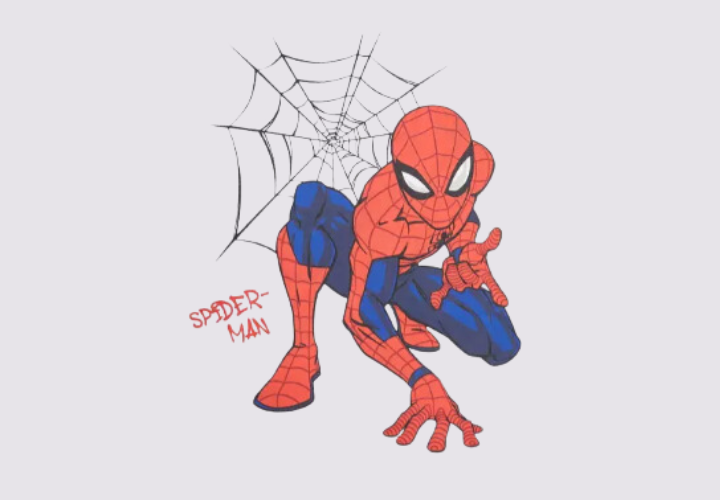 Spiderman ist in der Hocke und macht seine typische Handbewegung. Der Hintergrund ist grau und hat eine Spinnennetz.